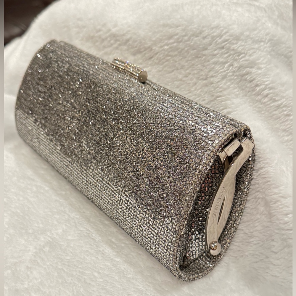 Jimmy Choo Metallic Silver Glitter Twill Tube Clutch